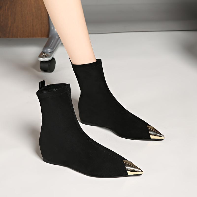 Collision-Resistant Metal Pointed Toe Fashion Booties Women's Autumn Suede Inside Heightening Skinny Boots