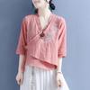 2024 Women's Chinese Style Zen Cotton-Linen Embroidered Slant-Breasted Mid-Sleeve Lace-Up Top