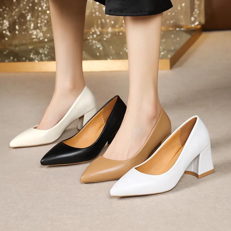 Fashion Plus Size 35-42 Basic Pumps Pointed Toe High Heels Boat Shoes for Woman Dress Shoes Shallow Thick Heel White Wedding Shoes
