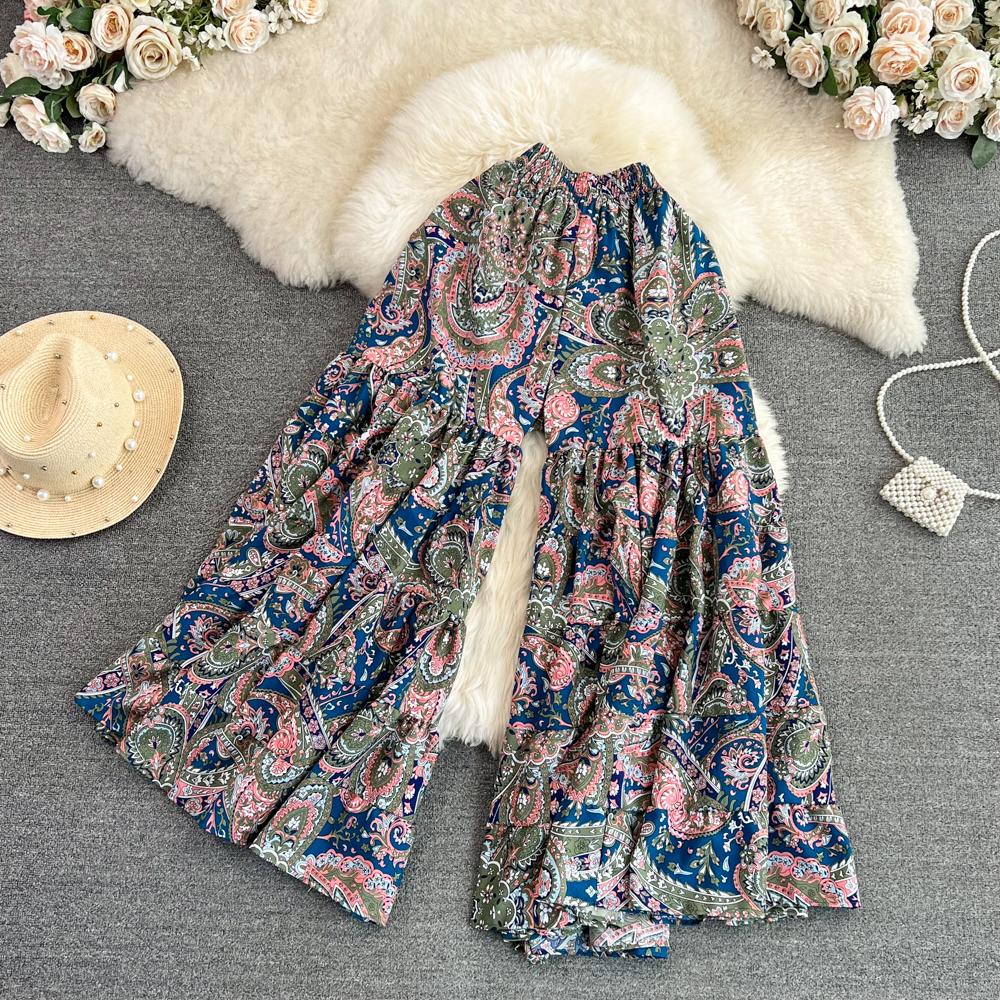 Summer Bohemian Vacation Beach Pants Elegant High Elastic Waist Wide Leg Printed Trouser Casual Flare Fladas New Fashion