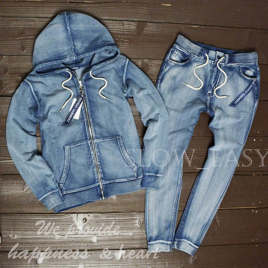 Джинсовый комплект с худи на молнии и брюками-джоггерами, спортивным верхом и низом, сшитый свитшот 26128 Размер [slow&easy] (Повседневная мода) - Набор,
