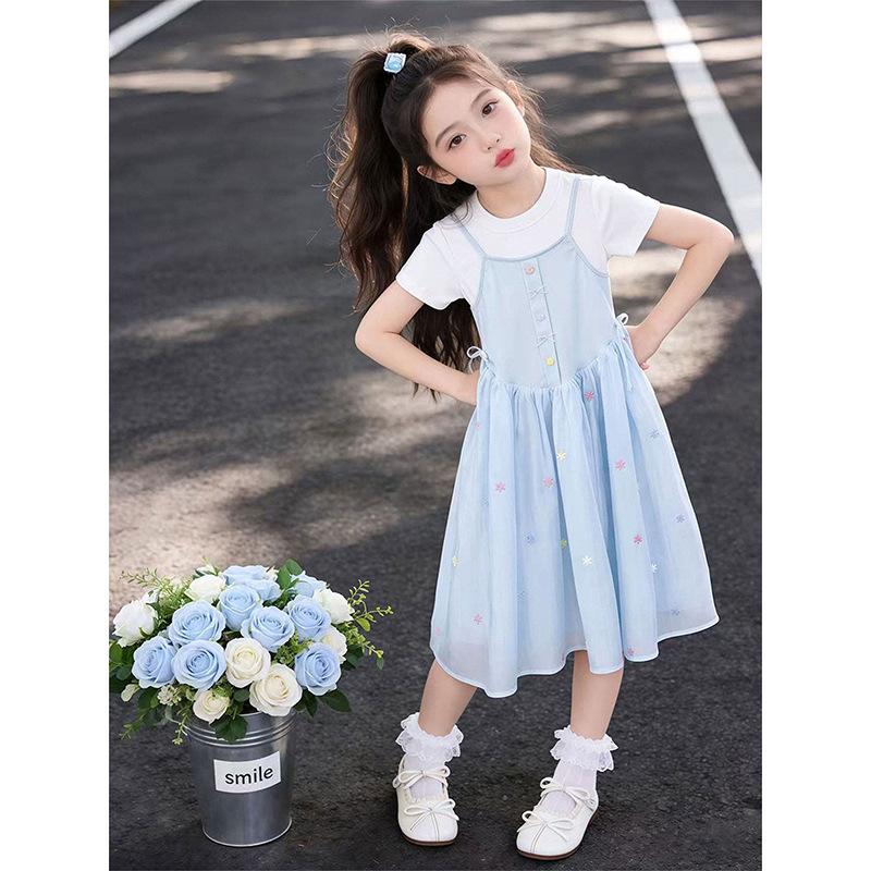 Girls Summer Mesh Princess Dress Medium Large Kids Short Sleeve Fake Two Piece Sweet Party Gown