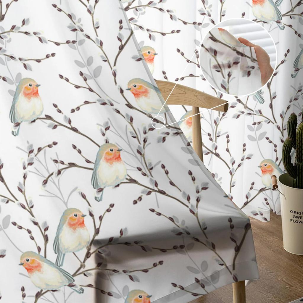 Тюлевые шторы «Ветка ивы и Робин» для гостиной, прозрачные занавески для спальни, рождественские жалюзи, вуаль, шторы