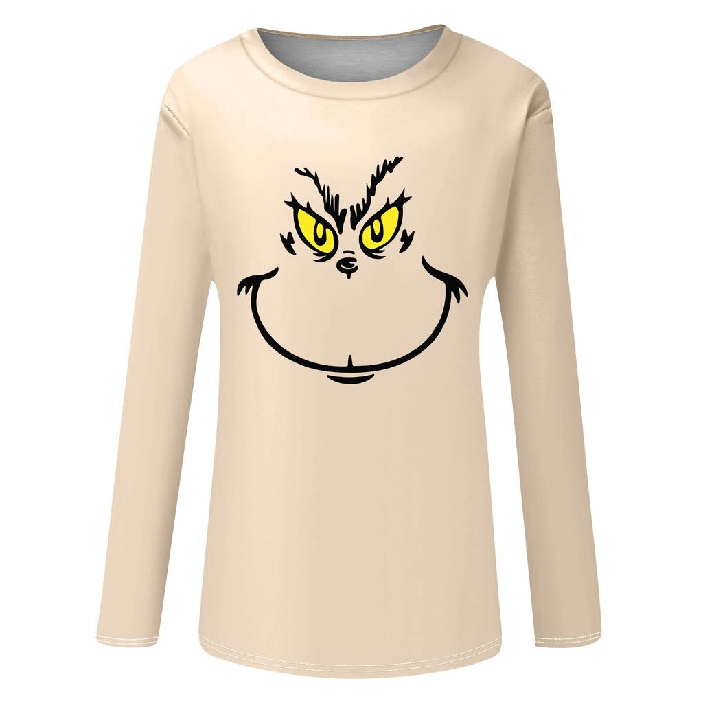 Women's Shirts Christmas Print Long Sleeve Round Neck Basic Loose Pullover Tee Top