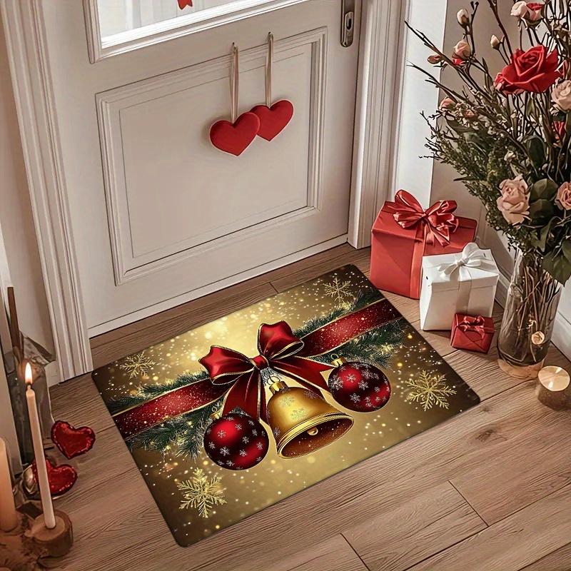 1pc Festive Christmas Doormat Thickened Sponge Mat with Golden Bell & Red Ornaments Design, Machine Washable,
