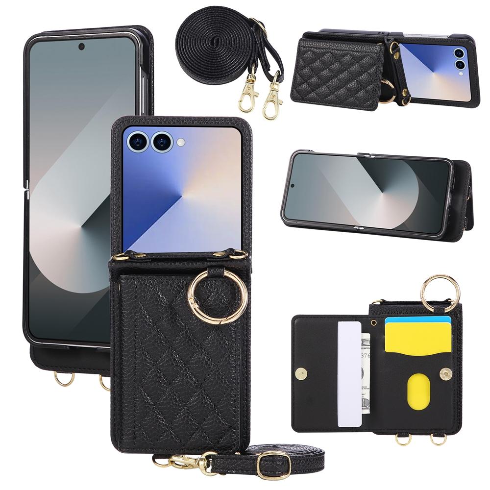 Grid Crossbody Case for Samsung Z Flip 8 7 Fe 6 5 4 3 Flip7 Flip6 Flip5 Flip4 Leather Case Lanyard Phone Case Cards Cash Pocket