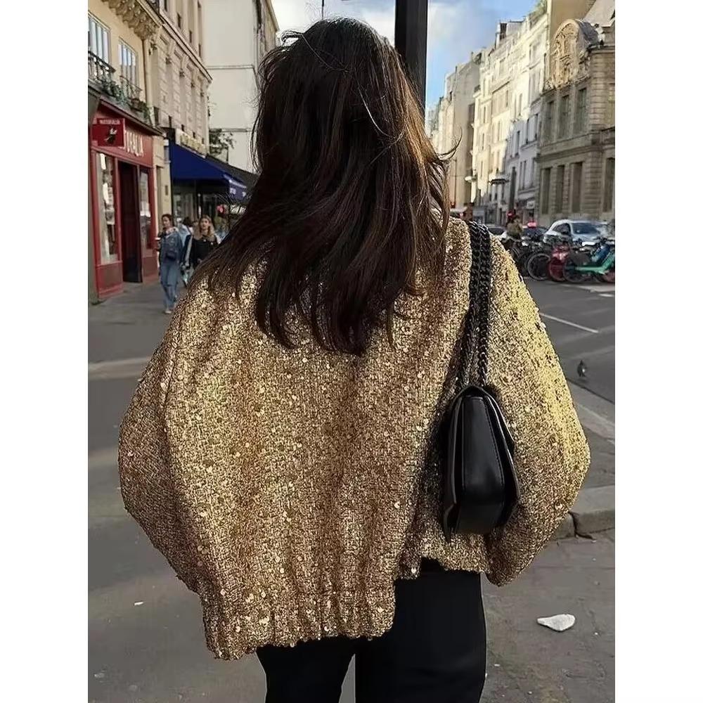 Women Sequins Coat O Neck Long Sleeves Female Loose Jacket Gold Silver Wild Shiny Short Woman Cardigan Coat Streetwear