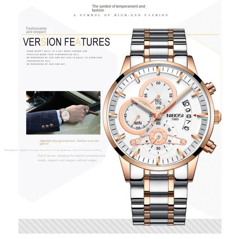 NIBOSI новые мужские часы с твердым стальным ремешком, водонепроницаемые кварцевые часы со стеклом и покрытием, светящиеся в темноте, 3 глаза, 6 контактов