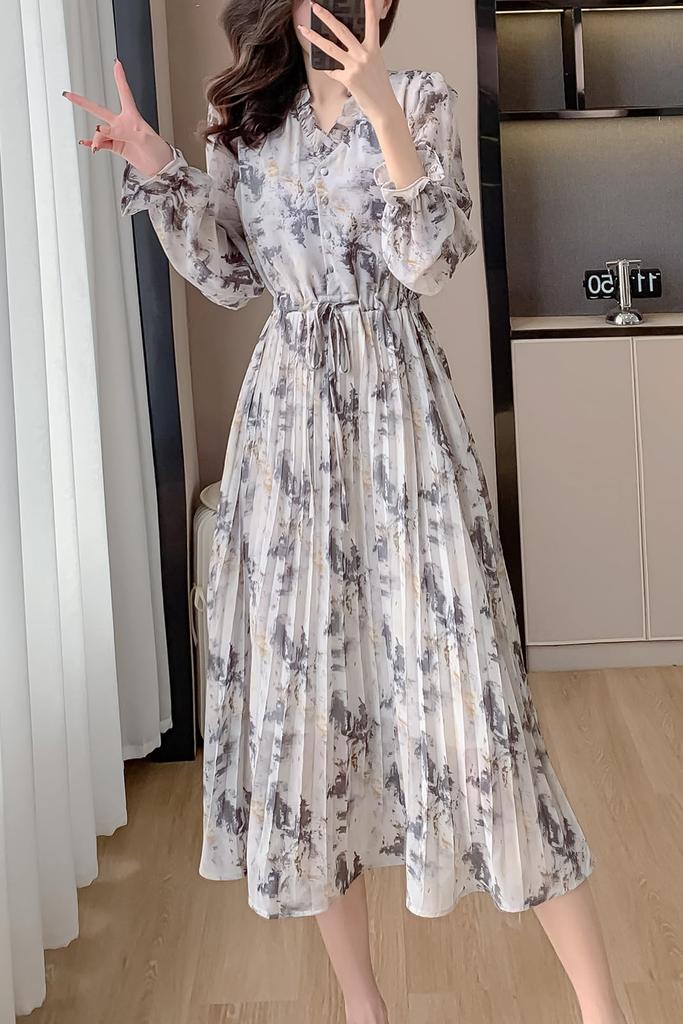 Spring Long Floral Flared Elegant [Chubikime] Women's Dress, Sleeve, Chiffon, V-Neck, Ruffle, A-Line Dress, Print, Dress, Pleated, Stylish,