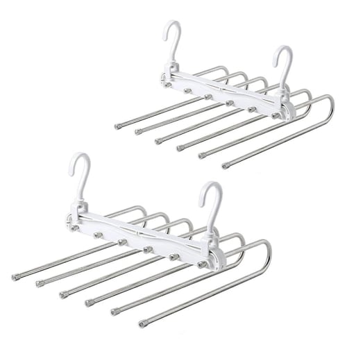 Tamatoshi 6-Row Pants Hanger, Stainless Steel, Slim, Space-Saving, Foldable, Multi-Function, Laundry, Clothes Hanger, Stylish, White, Set of 2