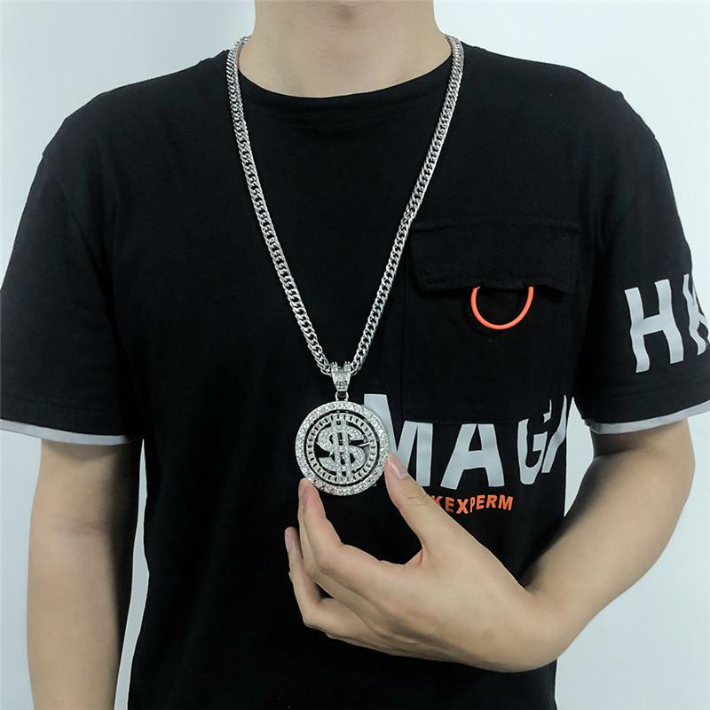 Men Hip Hop Rotating Dollar Pendant Long Necklace Rhinestone Jewelry Accessories