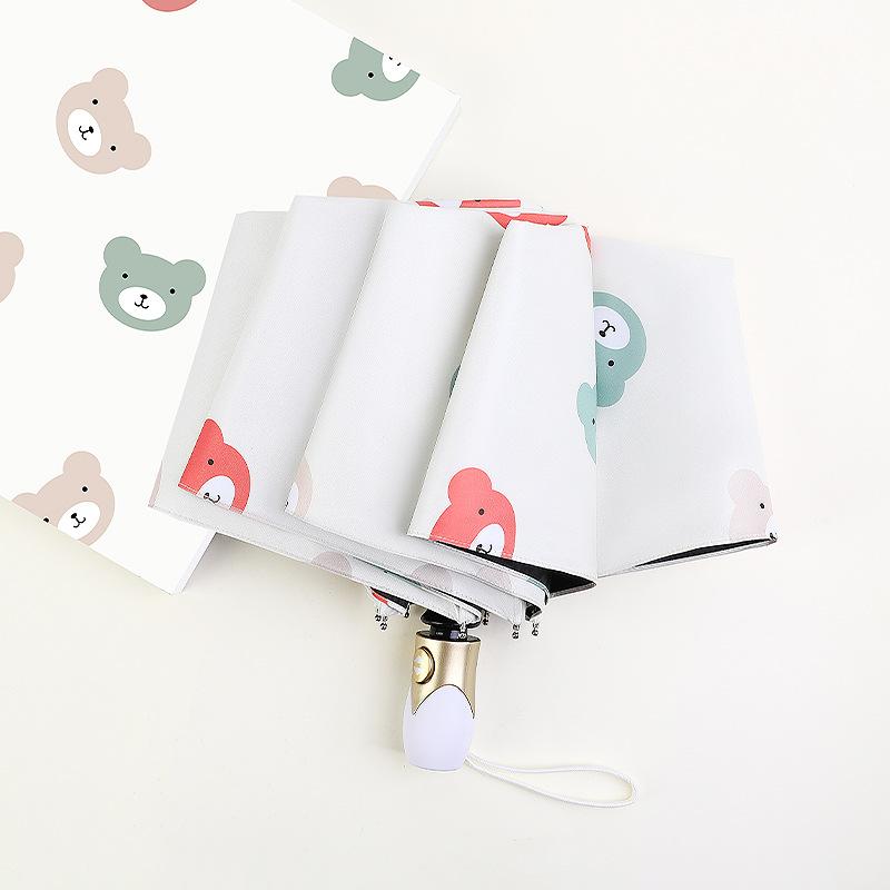 Three-fold Umbrella Lovely Bear Sunny and Rainy Umbrella for Women Girl Kids Black Rubber Reinforced Folding Automatic Umbrellas