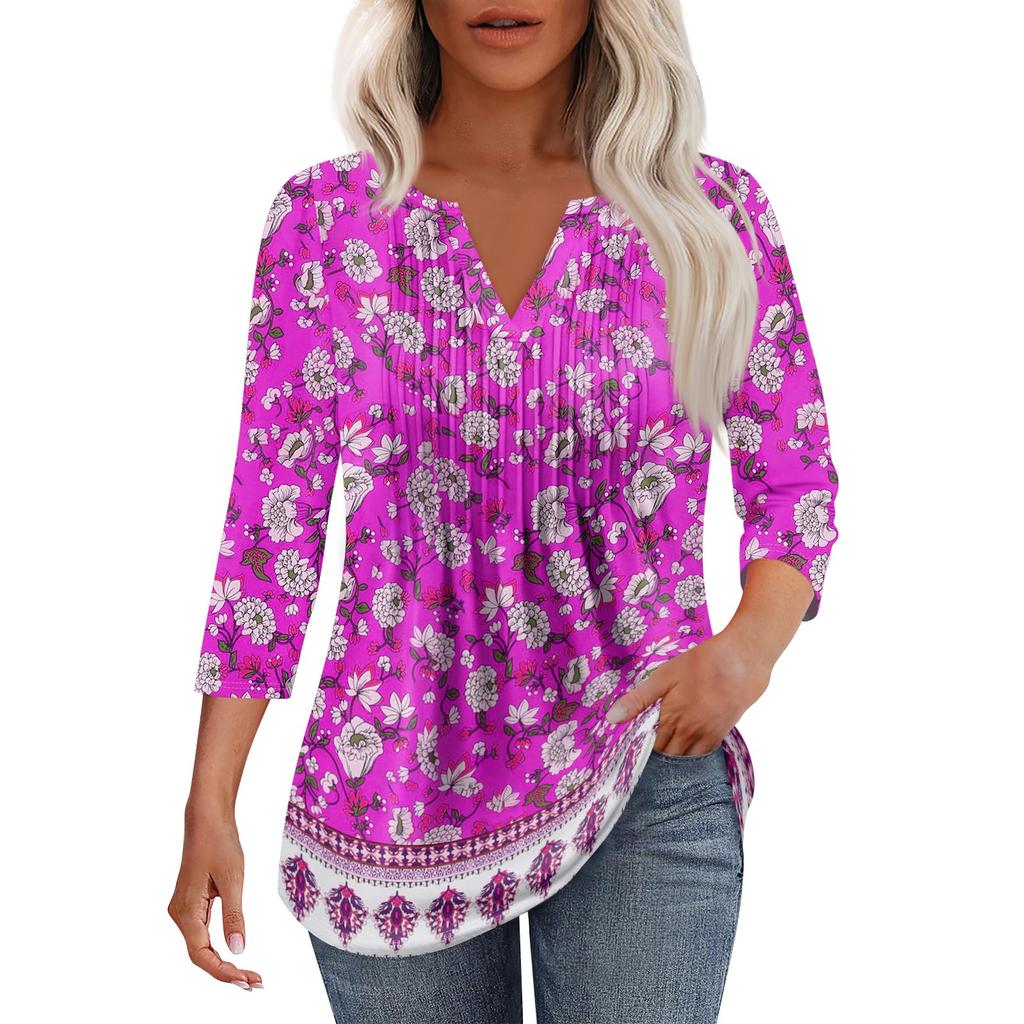 Women's Fashionable Casual Pleated V Neck Solid Color Seven Quarter Sleeve T-shirt Top