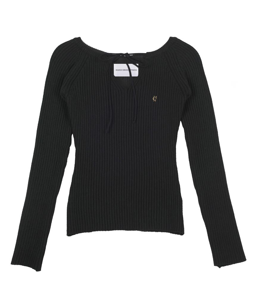 HARDCORE HAPPINESS V-Neck Open Tie Knit_Black
