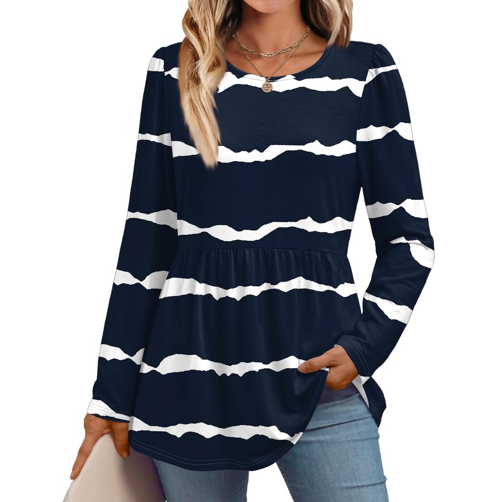 Women's Casual Fashion Long Sleeve Shirt Striped Tunic Top
