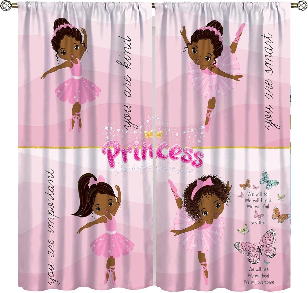 African American Kids Curtains,Afro Black Girl Window Treatments for Bedroom,Cute Girl Ballerina Dancer Pink Curtains Panel Sets