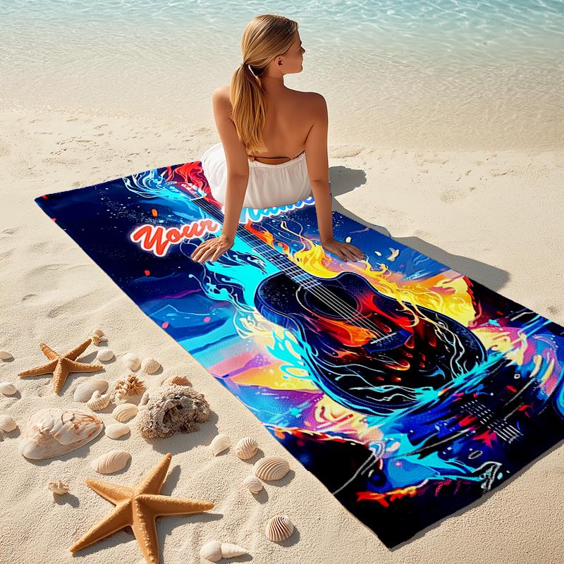 1PC Custom Name Guitar Flames Artwork Beach Towel Highly Absorbent And Sand-Resistant Towel for Swimming, Pool, Yoga, And Travel Lightweight