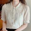 Модная летняя шифоновая блузка с коротким рукавом и кукольным воротником, женские топы J250