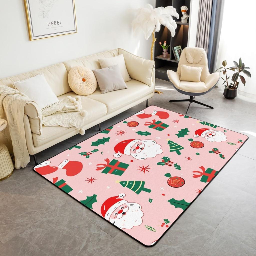 Christmas Carpet Cute Cartoon Santa Claus Print Rug Holiday Decor Non Slip Mat for Living Room Bedroom Study Dining Room