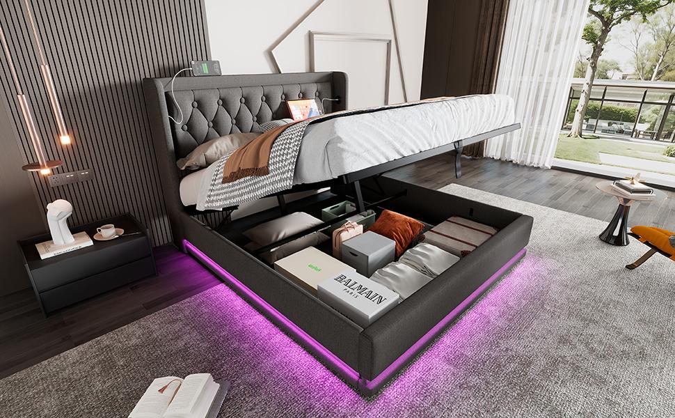 (=AB20149900G)Upholstered Double Bed 180*200cm, Grey Cotton Hydraulic Storage, Padded Headboard USB Type-C Charging, 3-Side LED (Without Mattress)