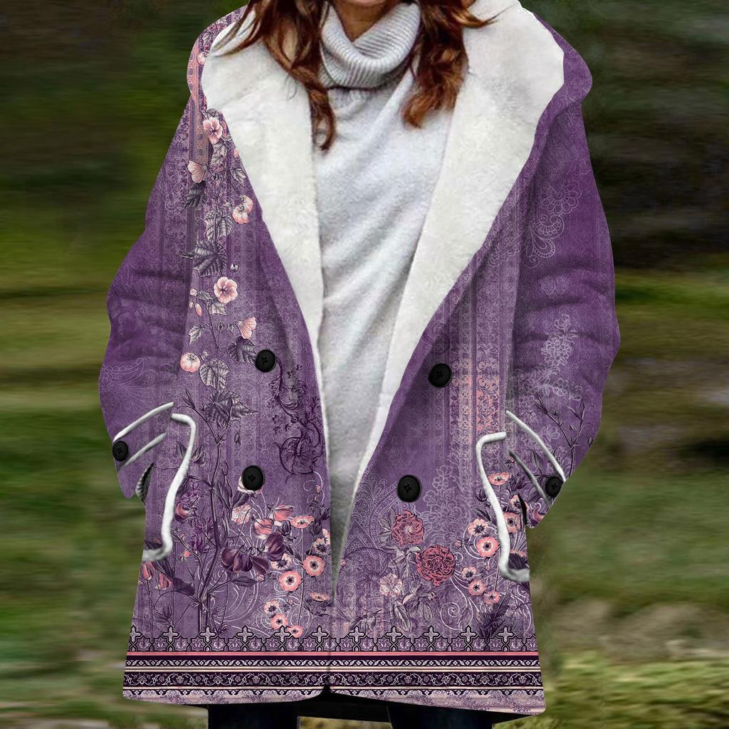 Женская большая куртка с теплой и плюшевой классической курткой на пуговицах с капюшоном и карманами в стиле ретро