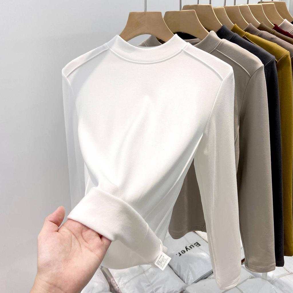 Флисовая полированная футболка с маленьким воротником-стойкой для женщин, весенняя, спереди «рыбья кость», плечо слим-фит, с длинным рукавом, футболка с топом внутри