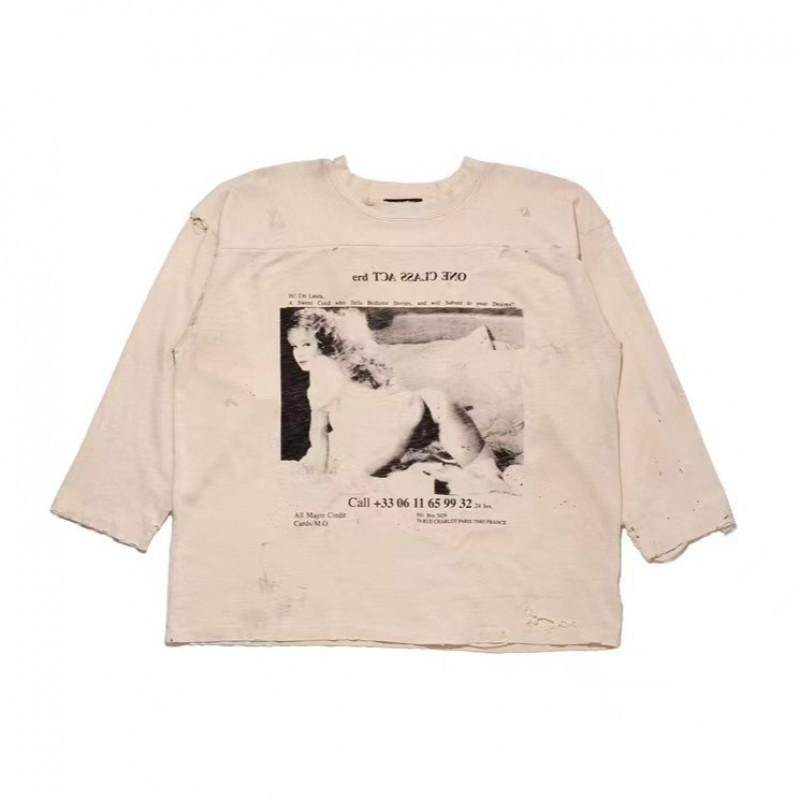 Vintage Distressed Graffiti Print Cotton T-Shirt Men Loose Fit Retro Streetwear Casual Tee