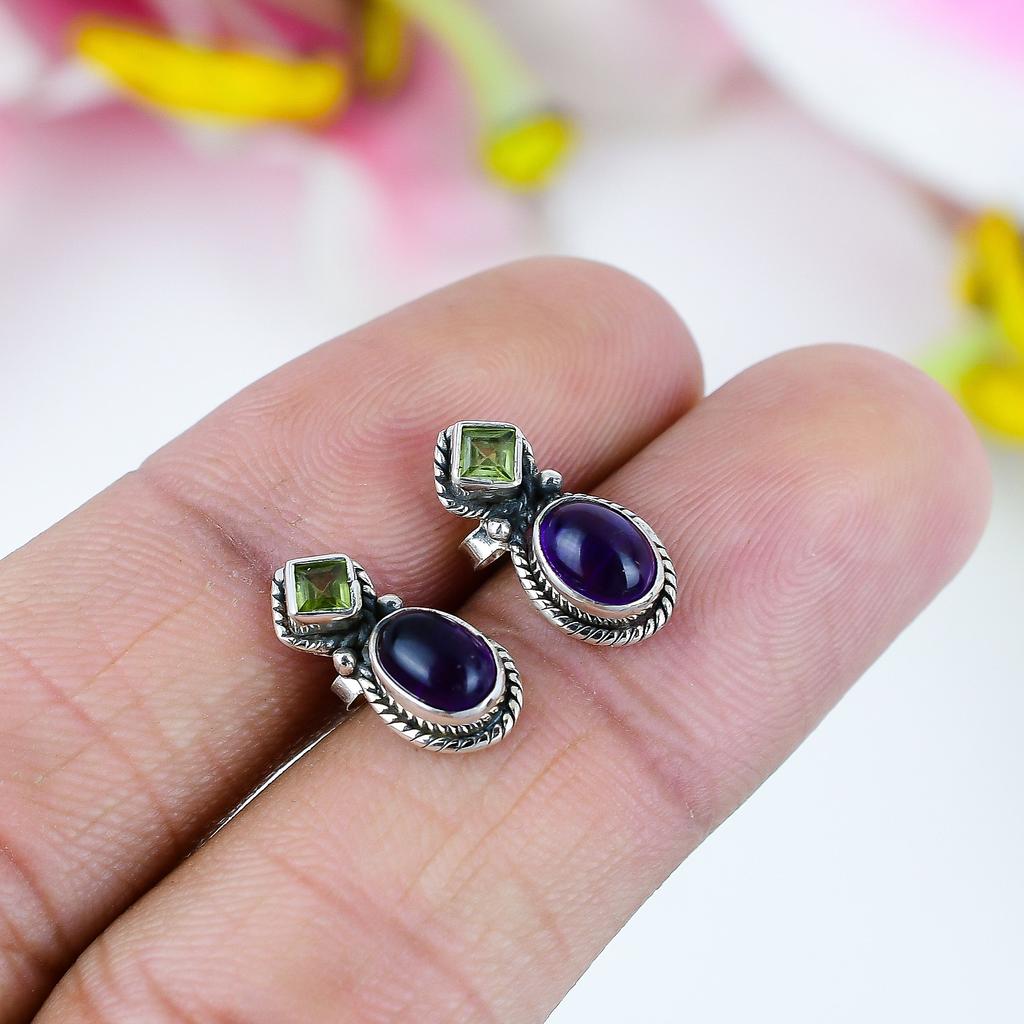 Natural Amethyst,Peridot 925 Solid Sterling Silver Gift Tops Earring .75" p1G80