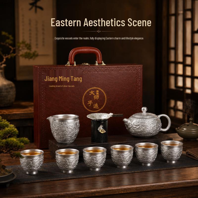 Jiangmingtang Gilt 999 Silver Ceramic Kung Fu Tea Set