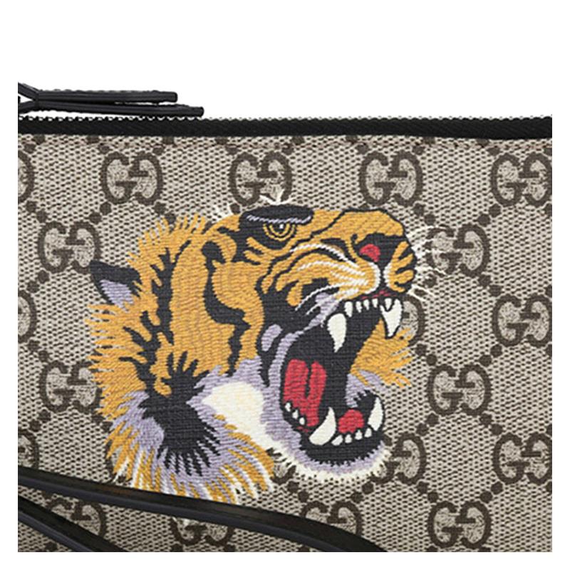Gucci Distressed Tiger Head Print Presbyopia Logo Canvas Patch Leather Coin Purse Clutch Large Men's Ebony/Black