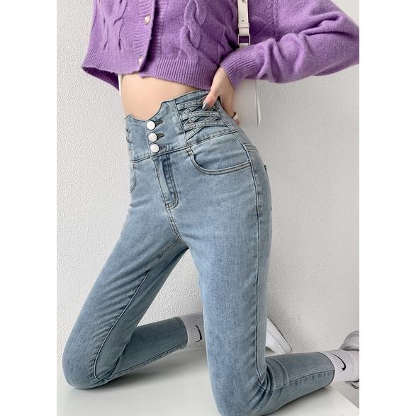 Узкие джинсы-карандаш с четырьмя пуговицами, винтажные женские брюки с высокой талией, тонкие эластичные джинсовые брюки, узкие брюки, женские брюки