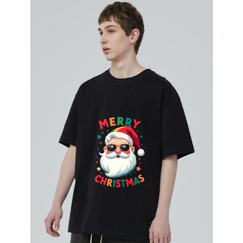 Christmas T-Shirt Black Santa Claus with Sunglasses and Merry Christmas Text Holiday Party Wear