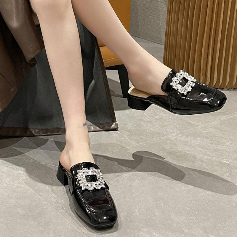 Брендовая женская обувь на среднем каблуке, тапочки с кристаллами, новые весенние сандалии на толстой пятке, туфли-лодочки, повседневные женские туфли без каблука с квадратным носком