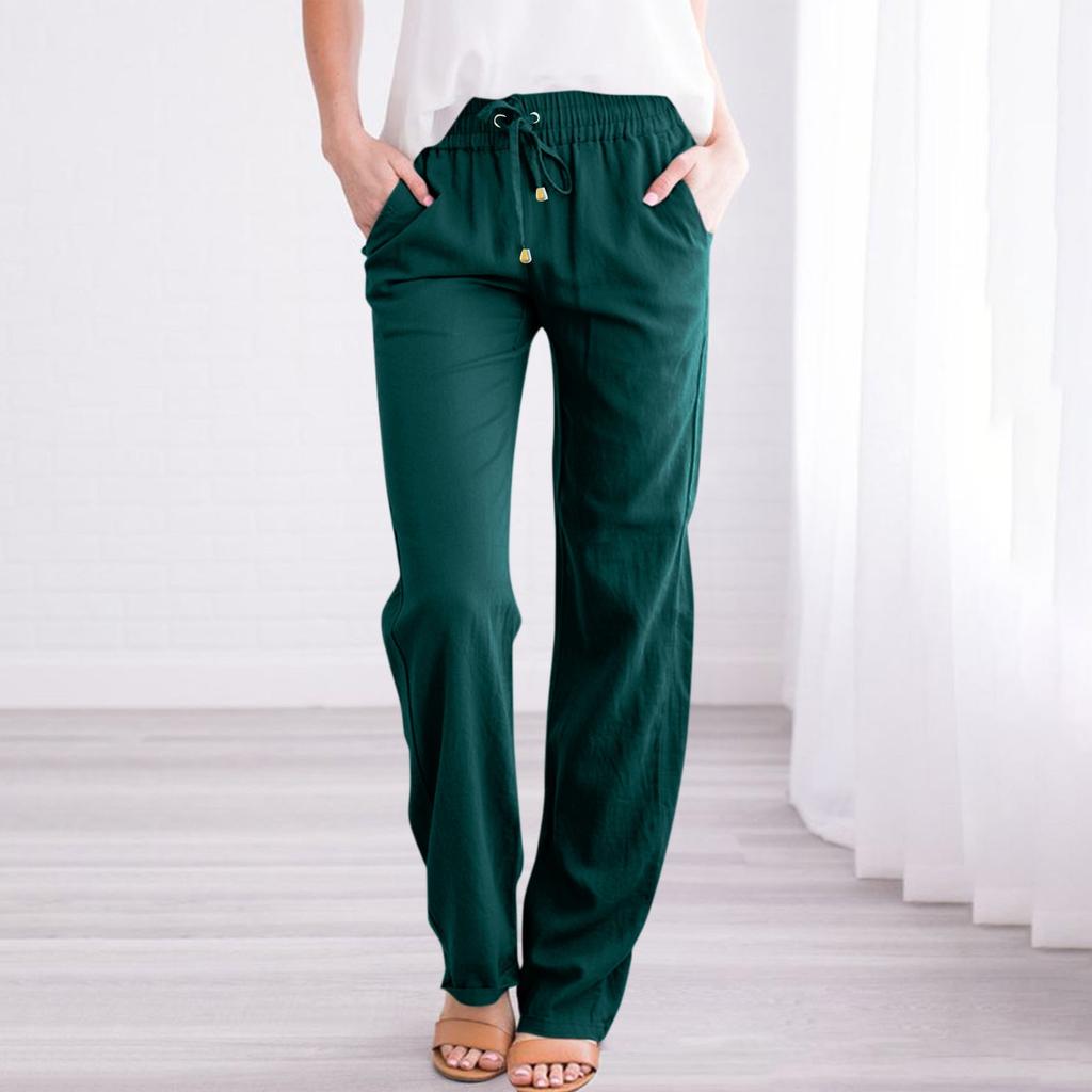 Женские повседневные хлопковые и льняные однотонные длинные прямые брюки с эластичной резинкой на талии