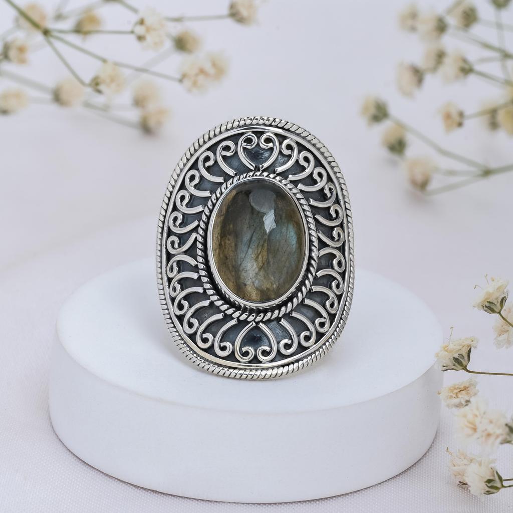 Real 925 Sterling Silver Natural Labradorite Statement Ring – Large Oval Handmade Vintage Boho Ring for Women