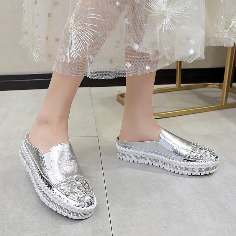 Fashion Aphixta Rhineston Round Toe Leather Flats Shoes Women White Bling Loafers Couple Platform Shoes Woman Chunky Sole Size 43