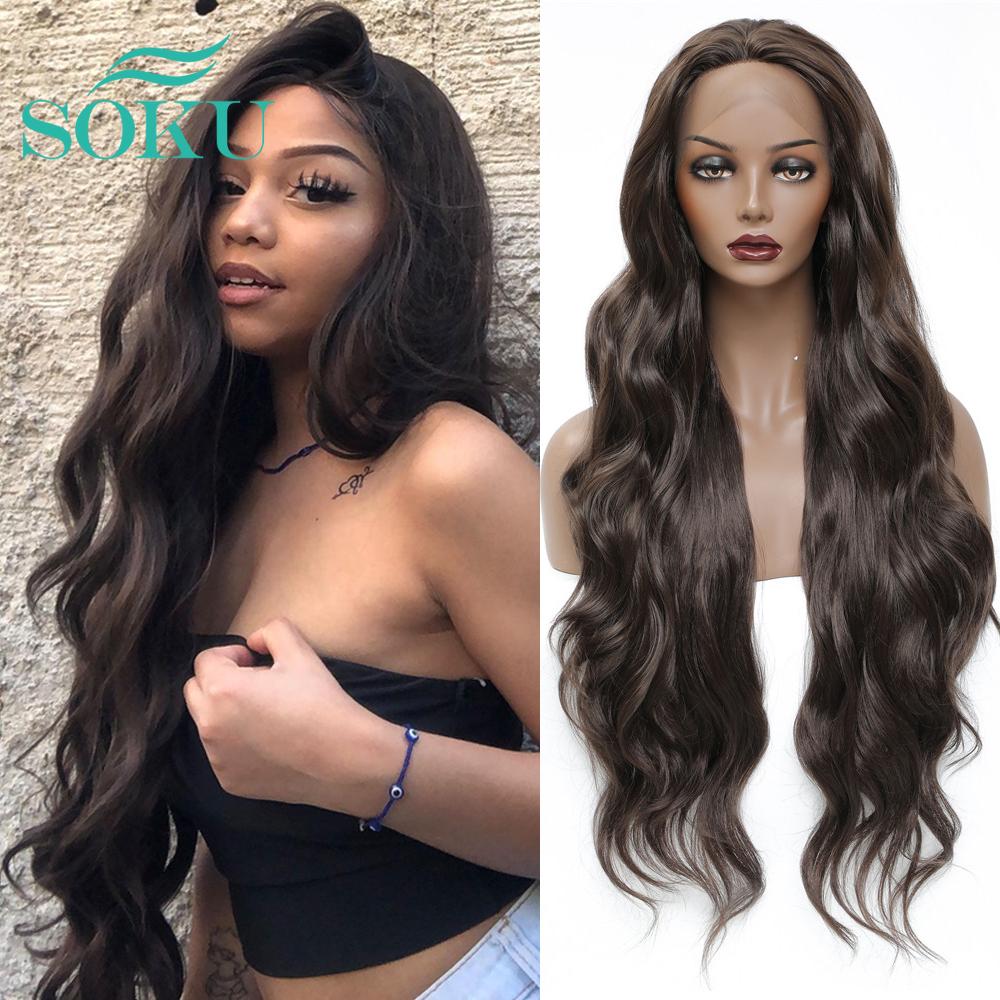 3X13 Lace Frontal Synthetic Wig Long Wavy Hair For Black Women Free Part Brown Color High Density Transparent Lace Front Wig