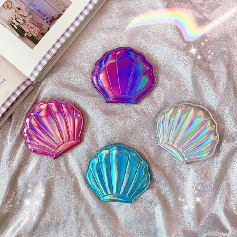 Sea Shell Shape Compact Cosmetic Mirror Pu Leather Double Sided Makeup Magnifier