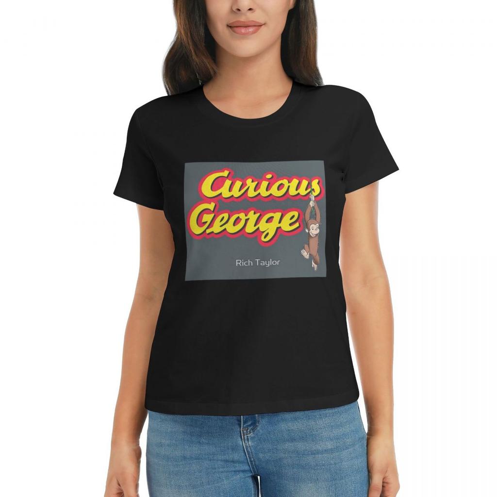 Women TShirt Curious George Hanging Around Summer Short Sleeve Tees Round Neck Cotton T Shirts Clothes Tops Streetwear