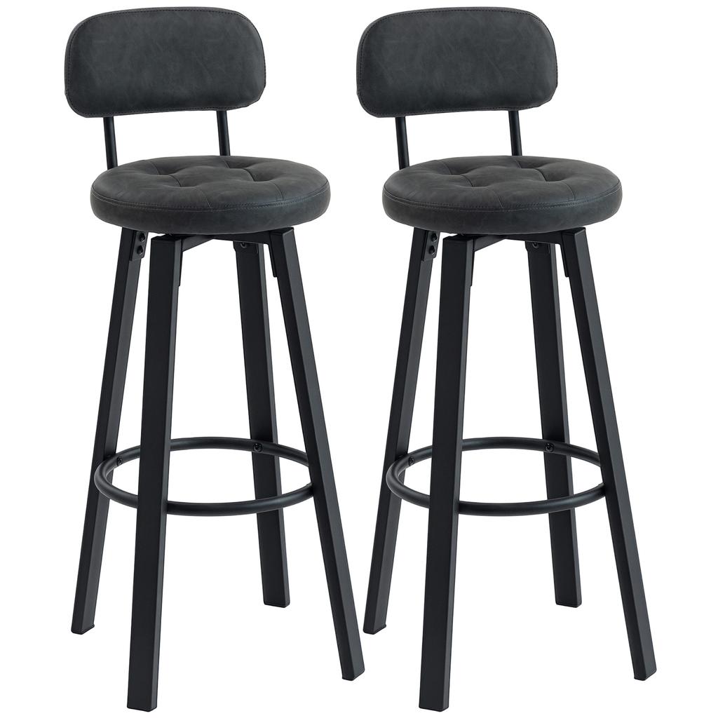 Set Of 2 Swivel Kitchen Bar Stools Upholstered In PU With Backrest Metal Frame Footrest Dark Gray