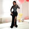 Yousheng Women Gown Dress Half-high Collar Long Sleeve Side Split Long Dress Mesh Rhinestones Splicing Side Split Maxi Dress