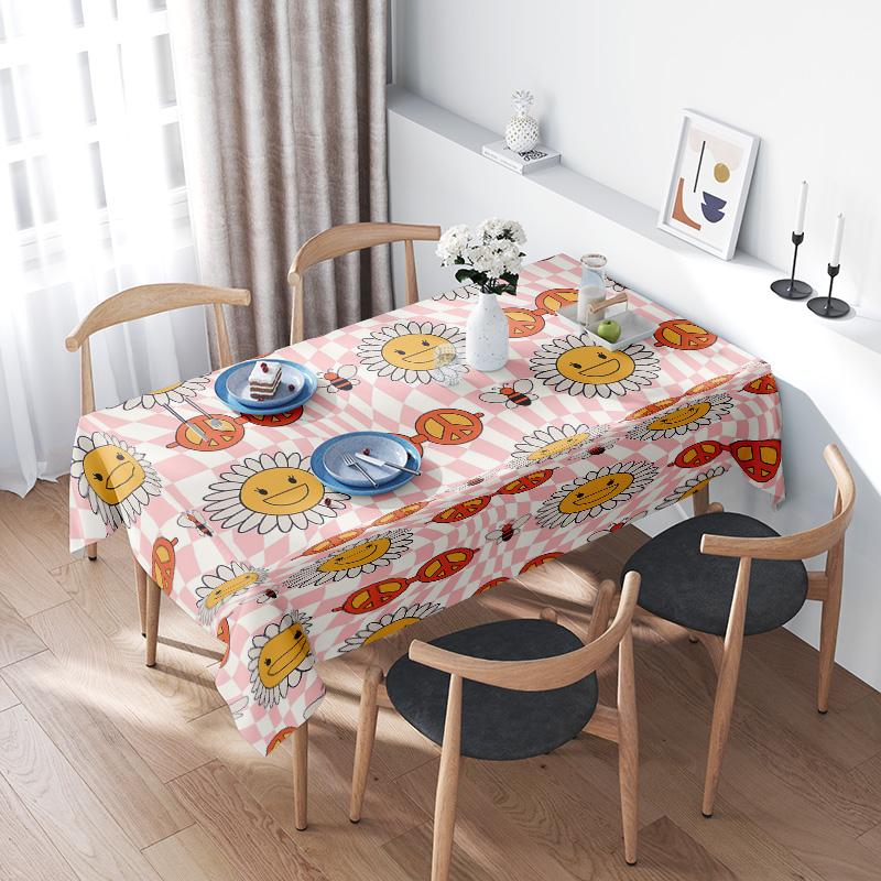 Charming Floral Print Tablecloth for Dining Room Decoration Pink Yellow Checkered Fabric with Cartoon Sunflower Design, Perfect
