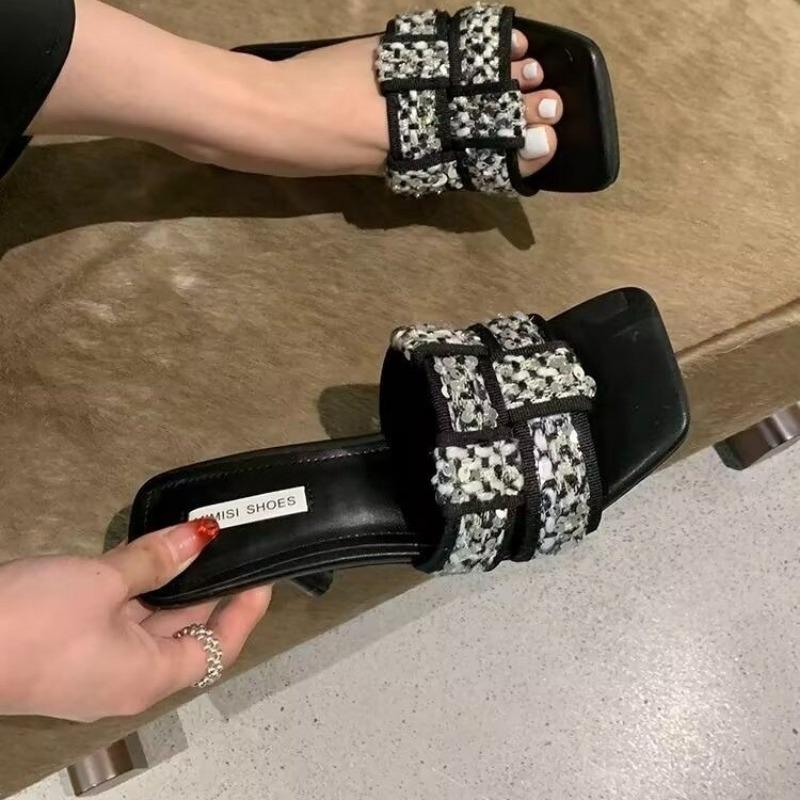2024 Новая Мода Универсальные Женские Шлепанцы Однотонные с Блестками Открытый Носок Квадратный Носок Летние Удобные Женские Туфли Zapatos