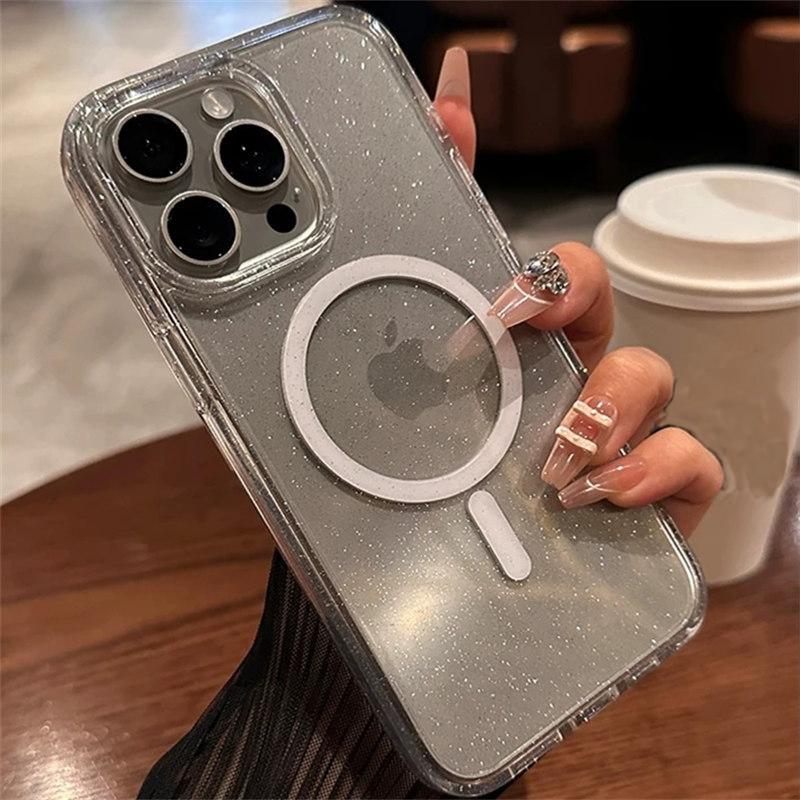 Роскошный блестящий магнитный чехол для Magsafe с беспроводной зарядкой для iPhone 15 14 Plus 13 12 11 Pro Max, прозрачный жесткий акриловый чехол