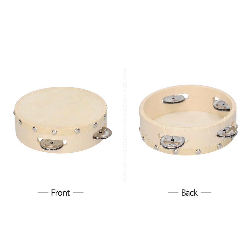 Hand Tambourine with Metal Single Row Jingles Sheepskin Drum Skin Wooden Tambourines