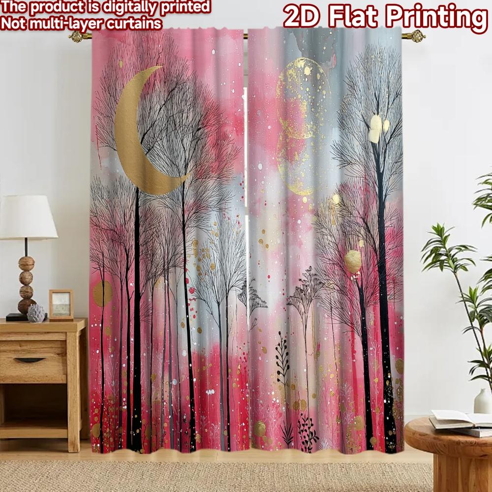 2D flat printing 2pcs Curtain Drapes Moonlit Golden Forest Digital Printed Polyester Drapes Birthday Party Perfect for Holiday