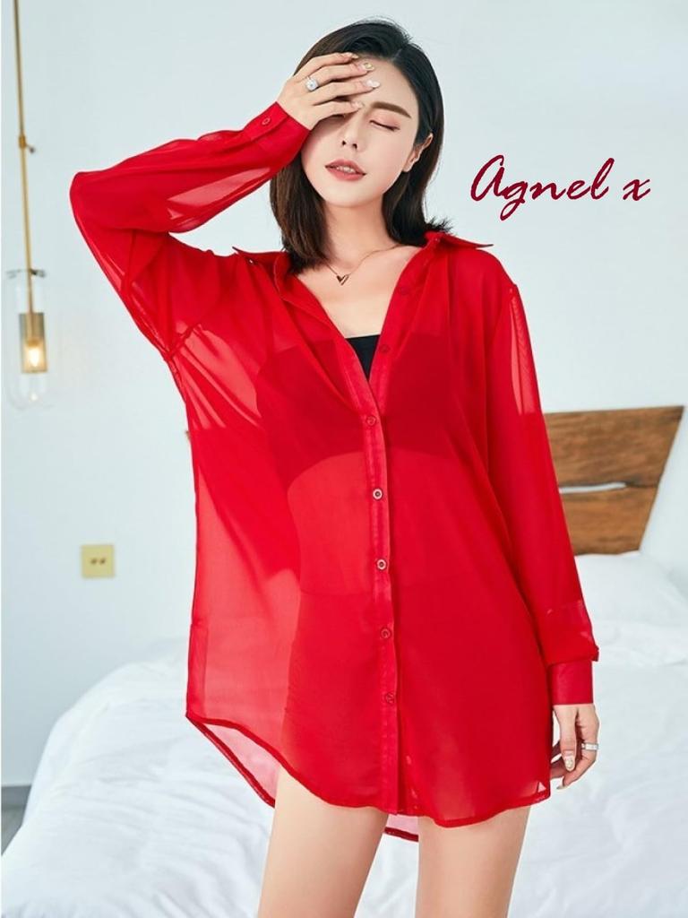 Agnel x Сексуальная длинная с внутренним стильным и милым для X068 размера женская прозрачная рубашка, домашняя одежда, рукава, слой, взрослые, (Черный, С)