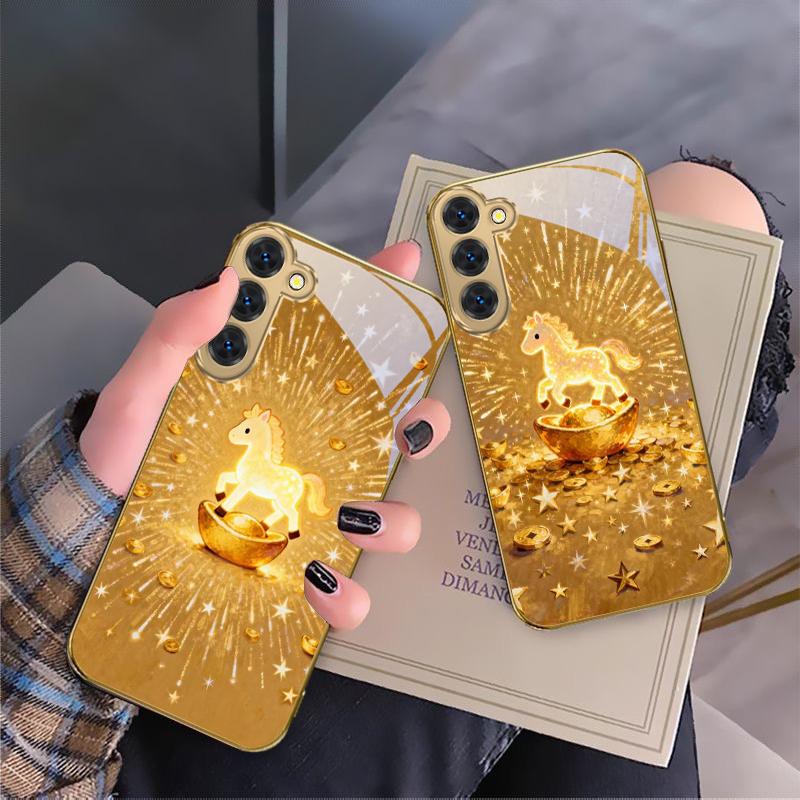 Сверкающий золотой пони Для Samsung Galaxy S20 FE S21 S22 S23 Plus S24 Ultra S25Ultra S21+ S9+ S22Plus Золотой стеклянный чехол для телефона