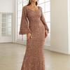2025 V-neck Sequin Trumpet Sleeve Mid-Waist Long Evening Dress