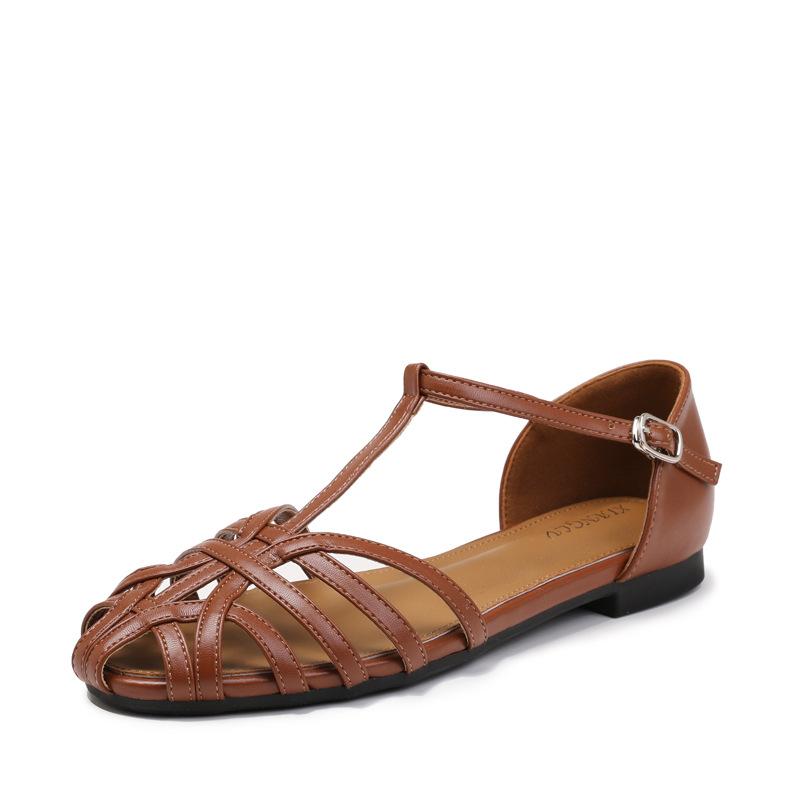 Модные сандалии женские лето 2025 новые ретро плетеные носки женские на плоской подошве полые римские туфли большой размер 42 43 44 женская обувь